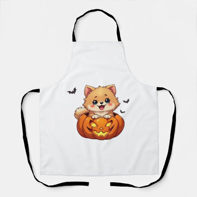 Tablier Chien de Poméranie Happy Halloween citrouille Clas (Recto)