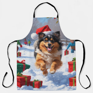 Tablier Chien Keeshond courant dans la neige avec un chape