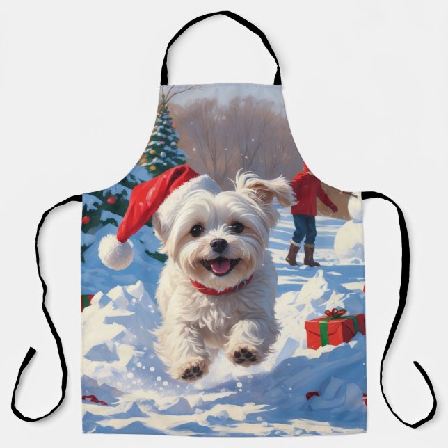 Tablier Chien maltais courant dans la neige avec Casquette (Recto)