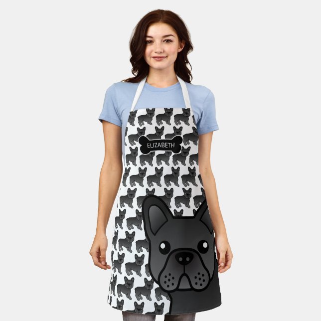 Tablier Chien noir français Bulldog mignon Dessin et nom (Porté)