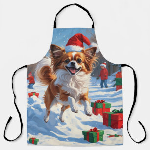 Tablier Chien Papillon courant dans la neige avec un chape