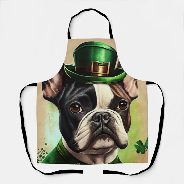 Tablier Chien-taureau français en tenue de la Saint Patric (Recto)