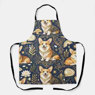 Tablier Chiens Corgi Élégants Motif Damassé Or Bleu Marine