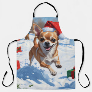Tablier Chihuahua courant dans la neige avec un chapeau de