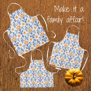 Tablier Chinoiserie Automne Bleu Blanc Citrouilles Orange