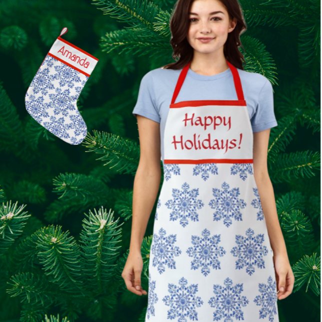 Tablier Chinoiserie Blue White Red Snowflakes Personalized (Personalize with your own message!)