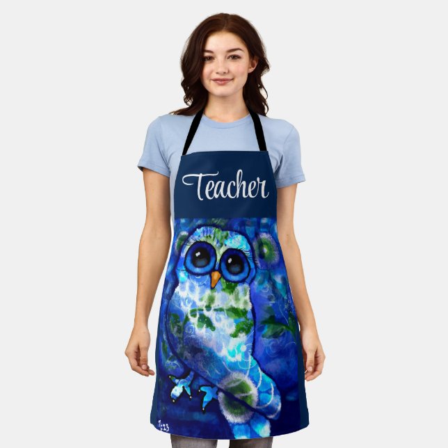 Tablier Chouette Abstraite lunaire bleu vert floral (Porté)