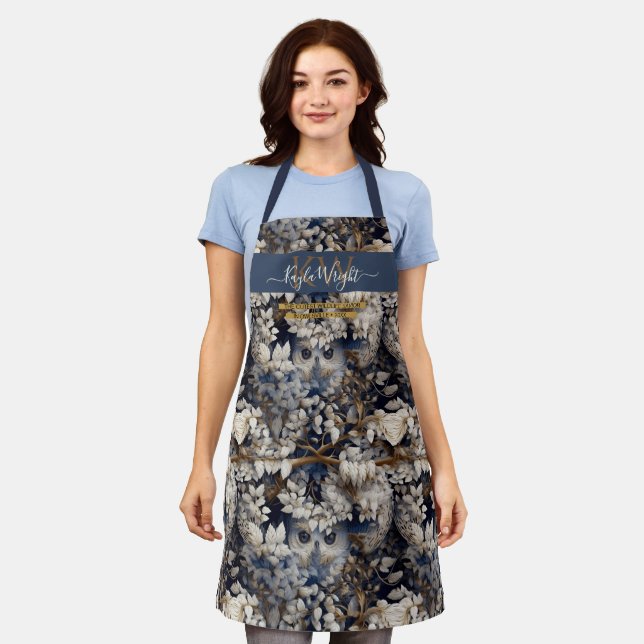 Tablier Chouette de forêt enchantée blanc gris personnalis (Porté)