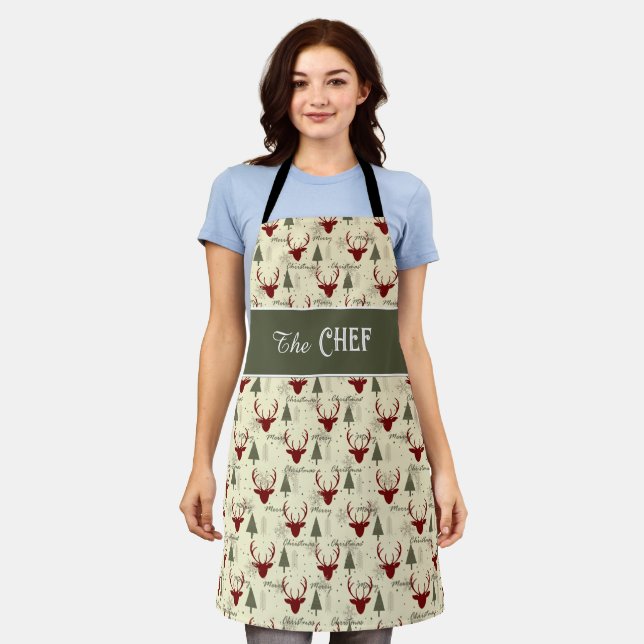 Tablier Christmas Cheer Apron with Deer and Trees (Porté)