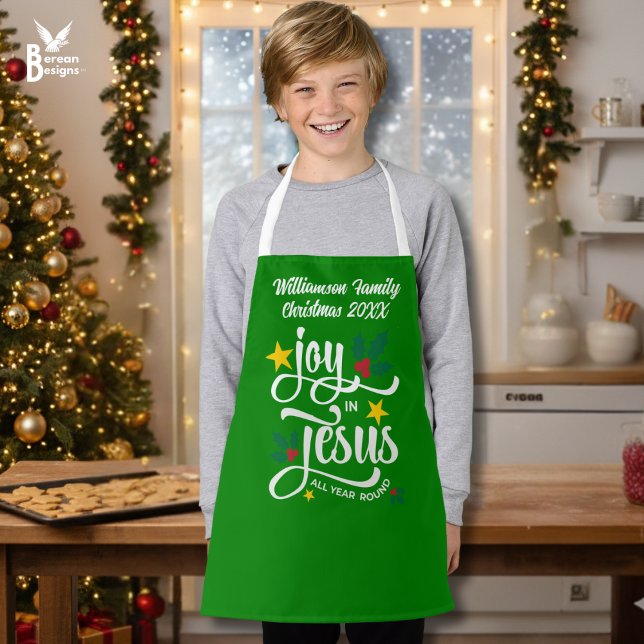 Tablier Christmas Family JOY IN JESUS Custom Christian  (Green personalized JOY IN JESUS matching family apron with typography and customizable name)