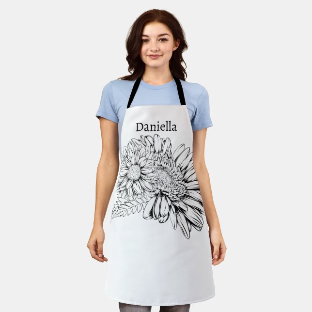 Tablier Chrysanthemum Black Line Drawing with Your Name  (Porté)
