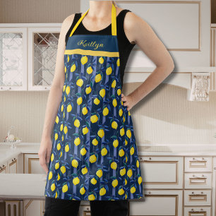 Tablier Citrons charmants à rayures bleues, motif méditerr