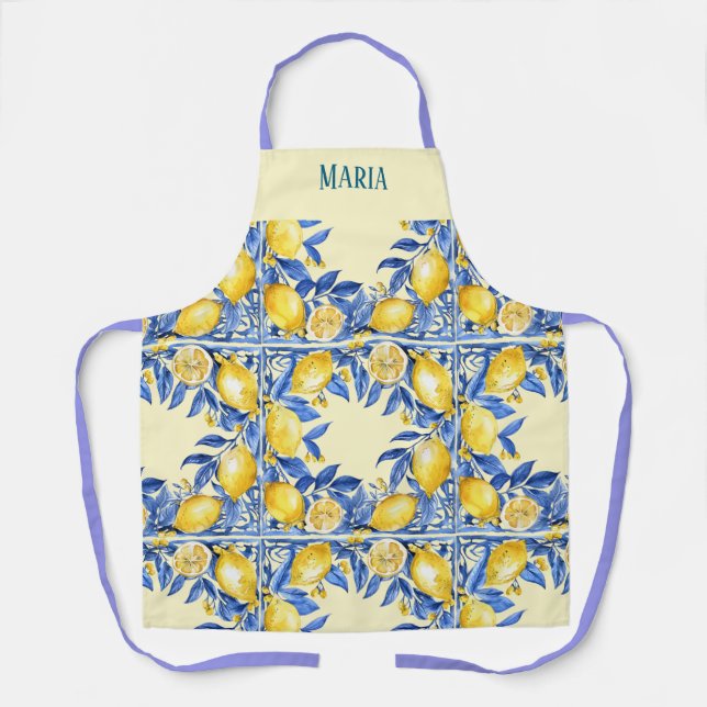 Tablier Citrons inspirés du Portugal sur fond bleu  (Recto)