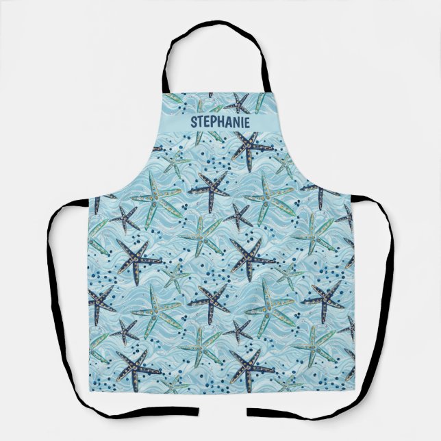 Tablier Clair bleu et or Starfish sur Ocean Wave Motif (Recto)