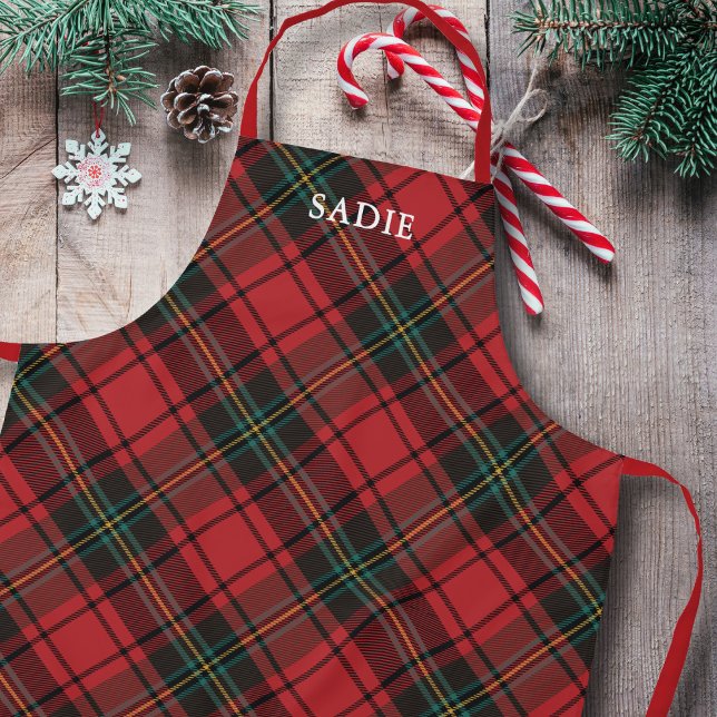 Tablier Classic Elegant Rouge Tartan Noël Nom de Noël (Créateur téléchargé)