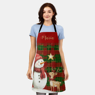 Tablier Classique Rouge Rouge Vert Or Tartan Snowman