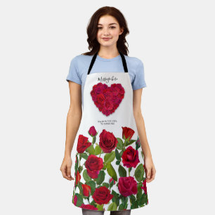 Tablier Cœur Floral Romantique Rose Rouge Texte Personnali