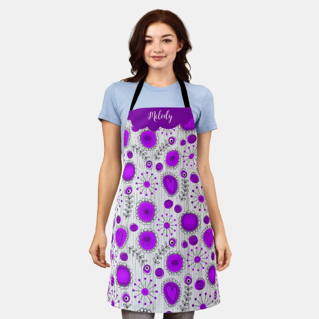 Tablier Coeurs blancs violet blanc Whimsical fleurs nom fl (Porté)