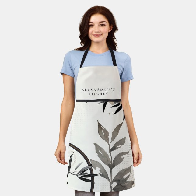 Tablier Colibri ivoire et gris + Votre nom Cuisine (Porté)