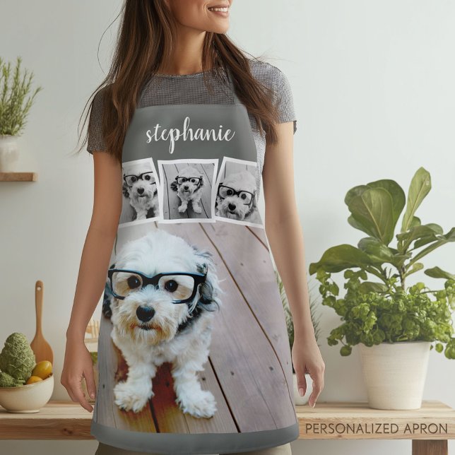 Tablier Collage photo 4 tendance Nom du script White Grey (Personalized Apron)