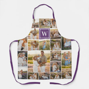Tablier Collage photo en violet monogramme de 20 photos