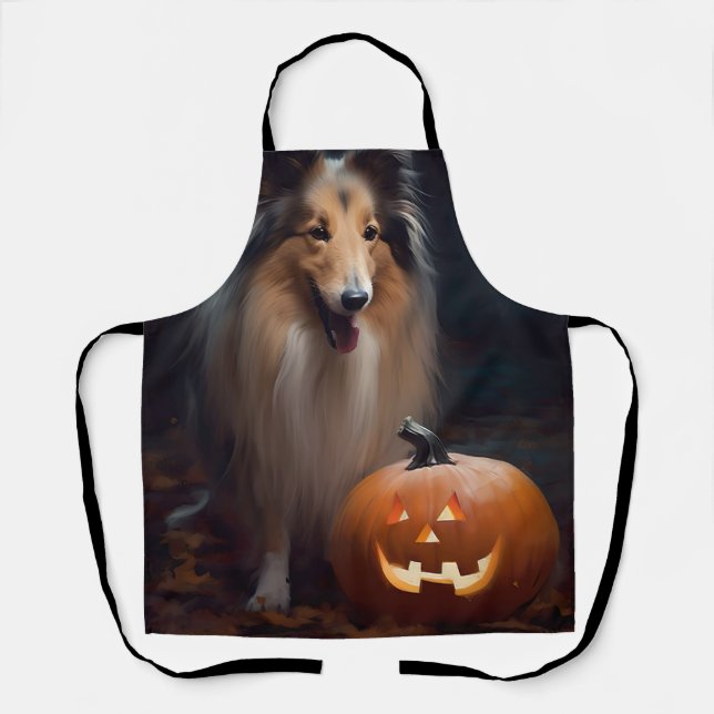 Tablier Collie à poil long d'Halloween avec citrouilles Ép (Recto)
