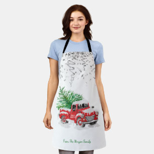 Tablier Confettis argentés, sapin de Noël camion rouge enn