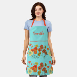 Tablier Coquelicots Fleur Art Floral Aqua Rouge Orange Jau