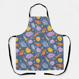 Tablier Coquillages et algues colorés sur le bleu