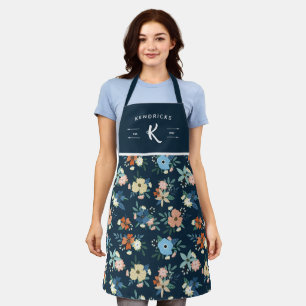Tablier Corail et bleu foncé Motif Floral Famille Monogra