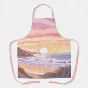 Tablier Coucher de soleil sur la mer rose Peinture aquar