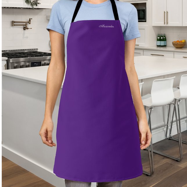Tablier Couleur solide moderne foncé violet blanc Script (Créateur téléchargé)