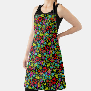 Tablier Couleurs Néon Sur Noir Retro Floral Motif sans cou