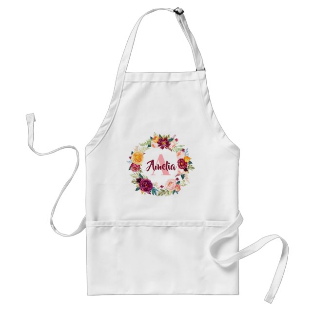Tablier Couronne florale de Bourgogne et rose Nom et enfan (Devant)