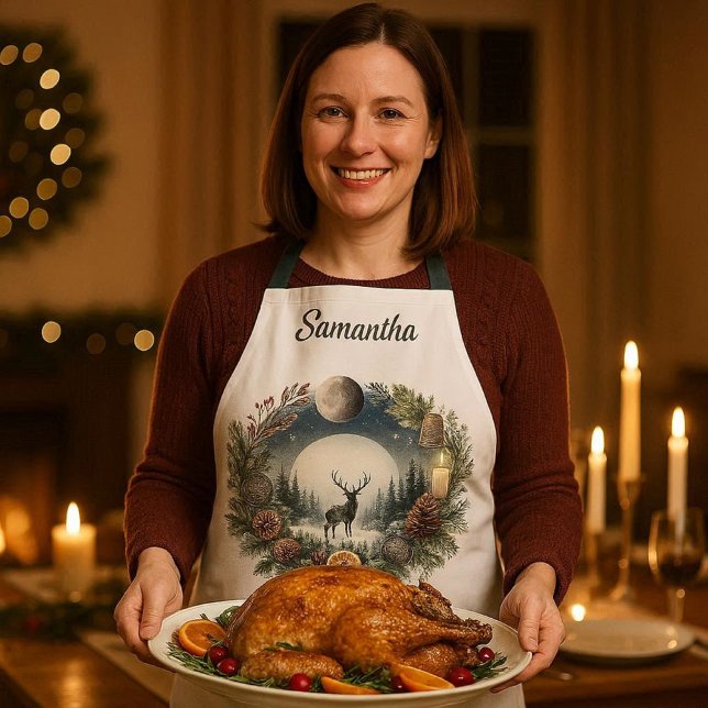 Tablier Couronne forestière avec lune cerf  (Winter solstice nature inspired holiday apron for  yule and more )