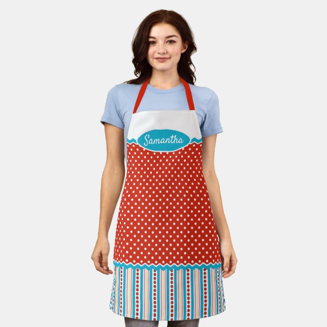 Tablier Coutume Turquoise Bleu À petits pois blancs rouges (Porté)