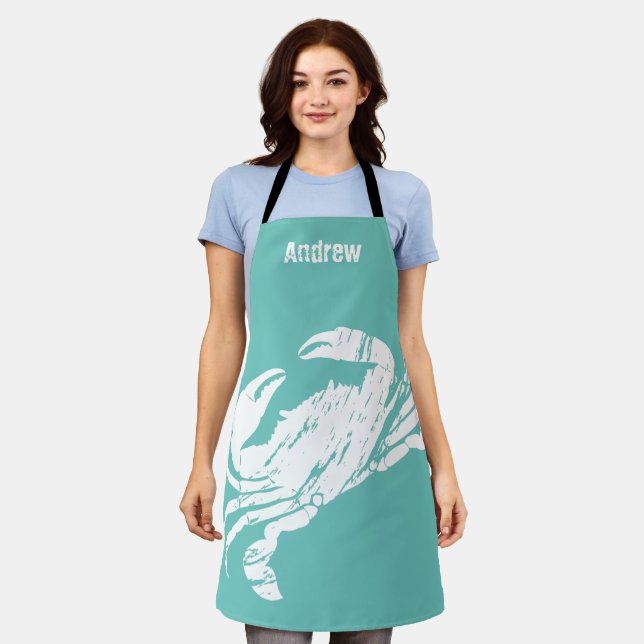 Tablier Crabe blanc Turquoise Bleu Patiné Look fruits de m (Porté)