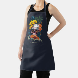 Tablier Crâne floral Nom de famille Halloween Monogramme