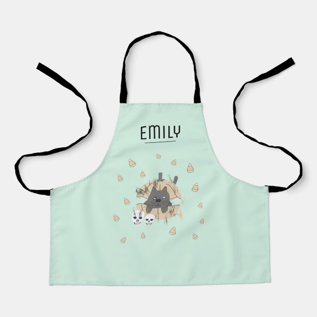 Tablier Crânes Citrouilles de chats verts Bonbons Corn Enf (Recto)