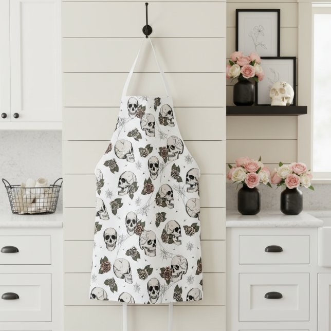 Tablier Crânes gothiques noirs et blancs et fleurs Roses (Gothic Chic Skulls & Roses Apron For Her. Elegant Halloween Floral Skull Pattern for Baking, Cooking)