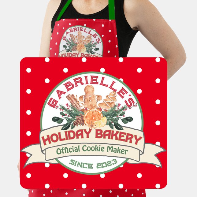 Tablier Créateur officiel de cookies Apron de Noël personn (Close up view of Official Holiday Bakery Cookie Maker apron.  Personalized with a name and year)