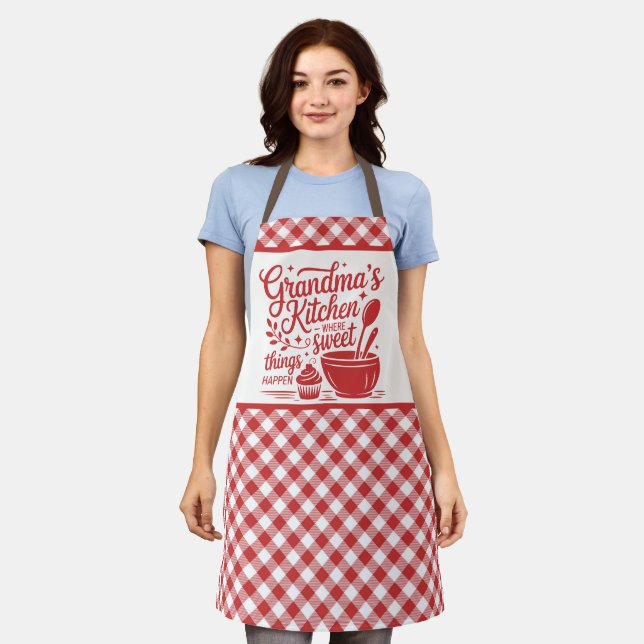Tablier Cuisine de grand-mère rouge blanc plaid (Porté)