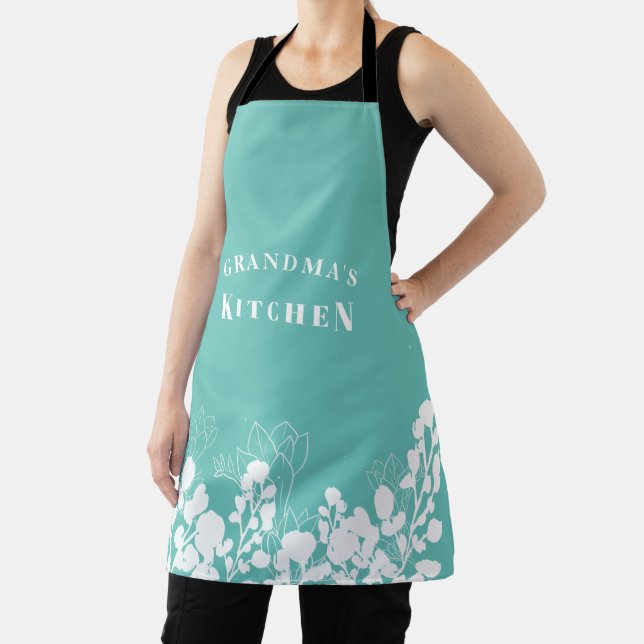Tablier Cuisine de grand-mère Turquoise blanc floral tabli (Insitu)