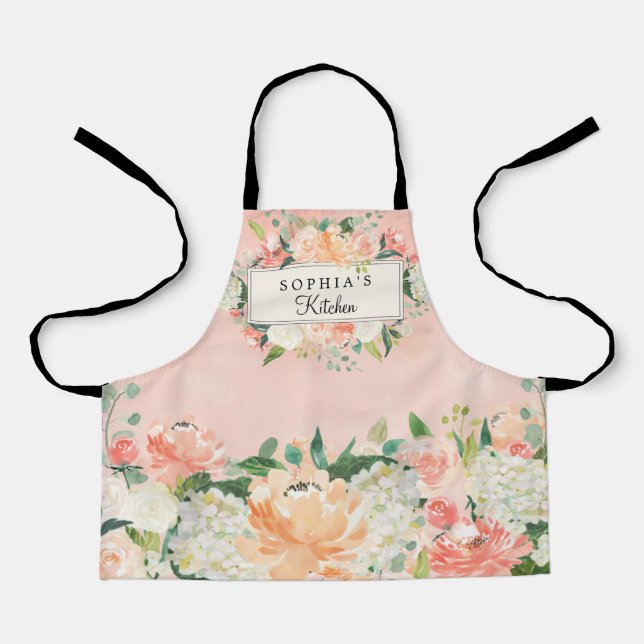 Tablier Cuisine florale pêche jolie personnalisée (Recto)