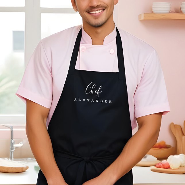 Tablier Cuisine minimaliste moderne Chef noir Nom personna (Modern Minimal Black Chef Kitchen Custom Name Apron)