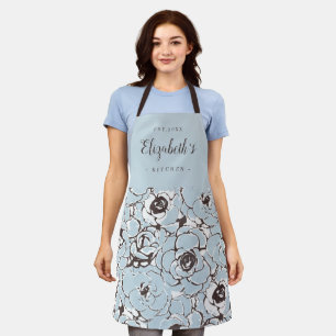 Tablier cuisine personnalisée à motif floral abstrait bleu