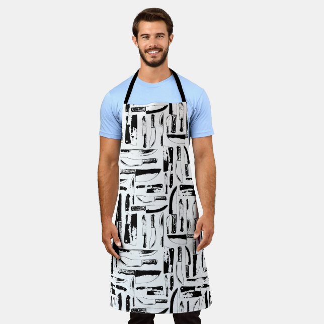 Tablier Cuisinier Noir Et Blanc Ou Bouchers Couteaux Motif (Porté)