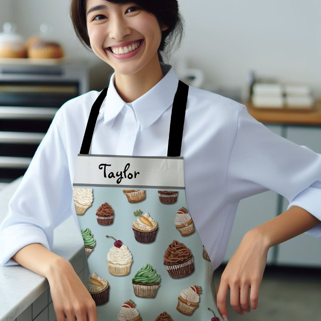 Tablier Cupcake Motif Ajouter Votre Nom Steel Blue Bakery (Créateur téléchargé)