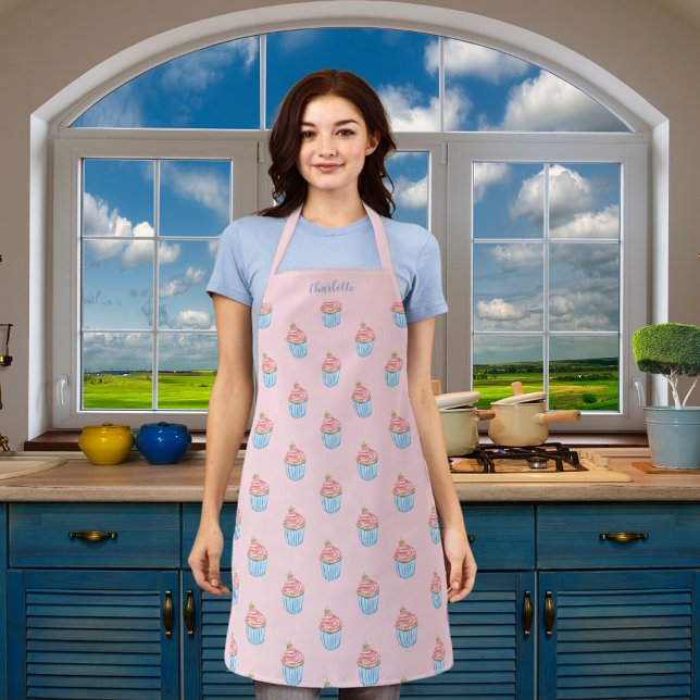 Tablier Cupcakes bleu rose nom motif (Créateur téléchargé)