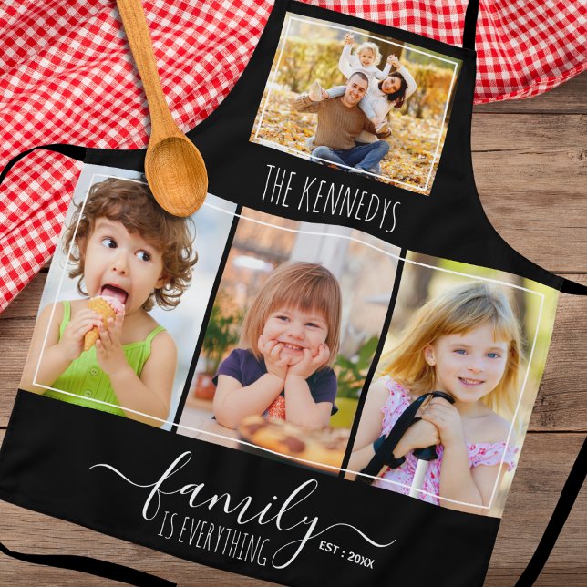 Tablier Custom 4 Photo Collage Family Quote And Name Black (Créateur téléchargé)